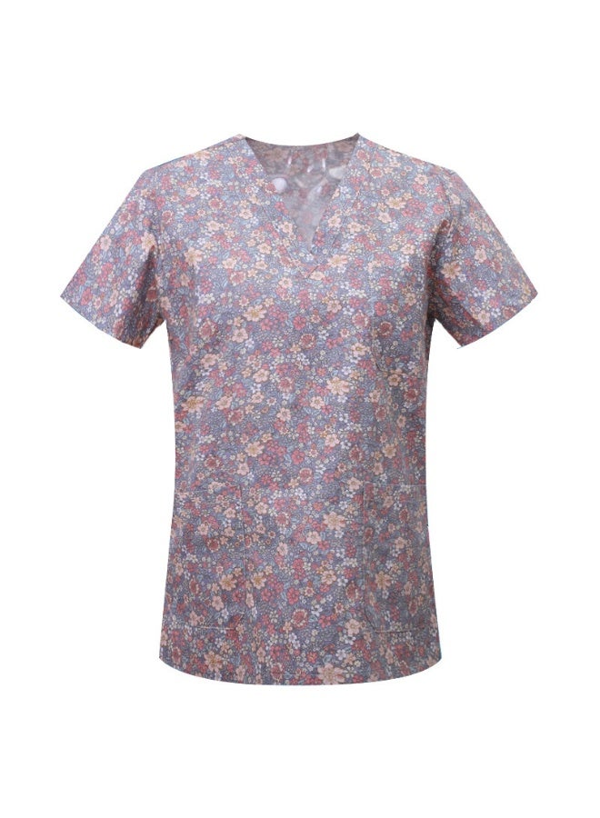 Loquat Womens Medical Scrubs Single Top Medical Uniform Single Printed Top Chrysanthemum Print on Gray Background - Image 1