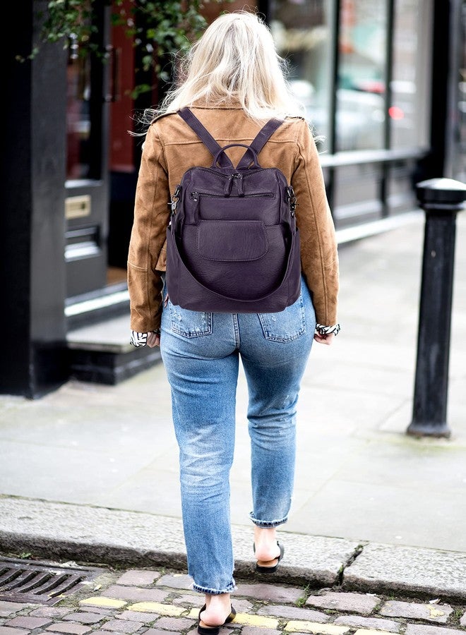 UTO Women Backpack Purse 3 ways PU Washed Leather Ladies Rucksack Shoulder Bag C Purple - Image 2