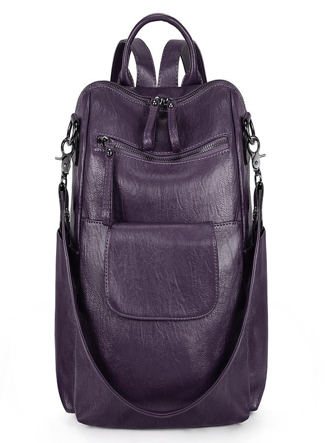 UTO Women Backpack Purse 3 ways PU Washed Leather Ladies Rucksack Shoulder Bag C Purple - Image 1
