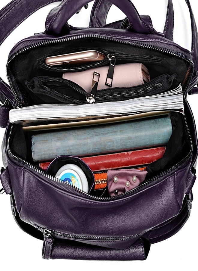 UTO Women Backpack Purse 3 ways PU Washed Leather Ladies Rucksack Shoulder Bag C Purple - Image 3