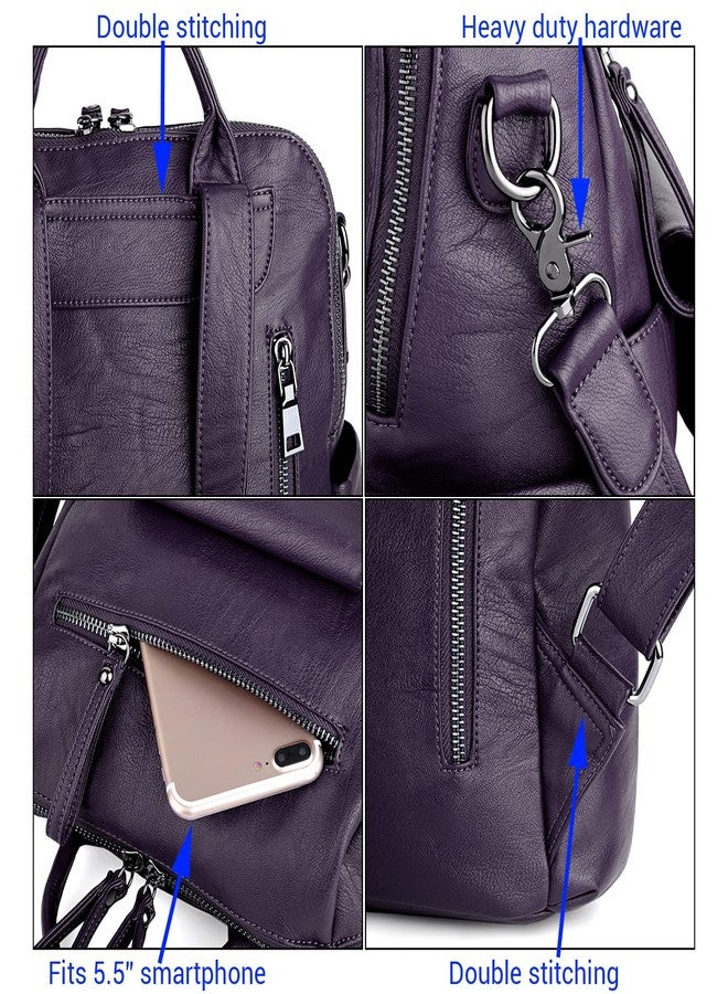 UTO Women Backpack Purse 3 ways PU Washed Leather Ladies Rucksack Shoulder Bag C Purple - Image 4