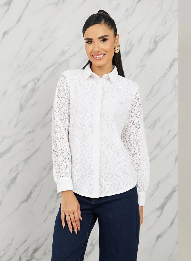 ستايلي Floral Lace Sleeves Regular Fit Shirt