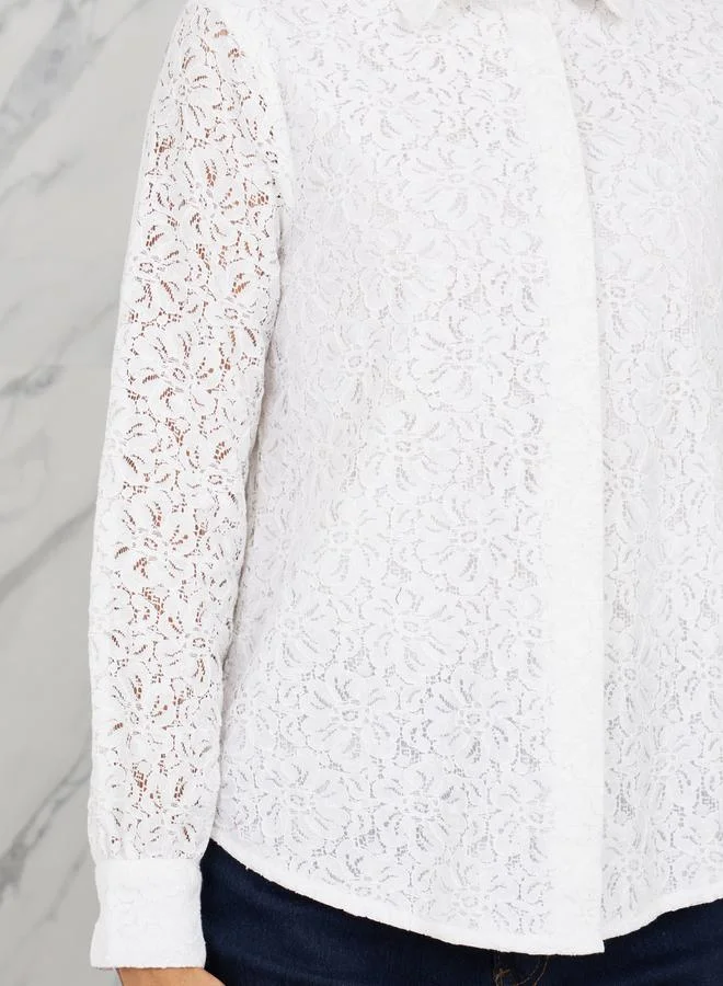 ستايلي Floral Lace Sleeves Regular Fit Shirt