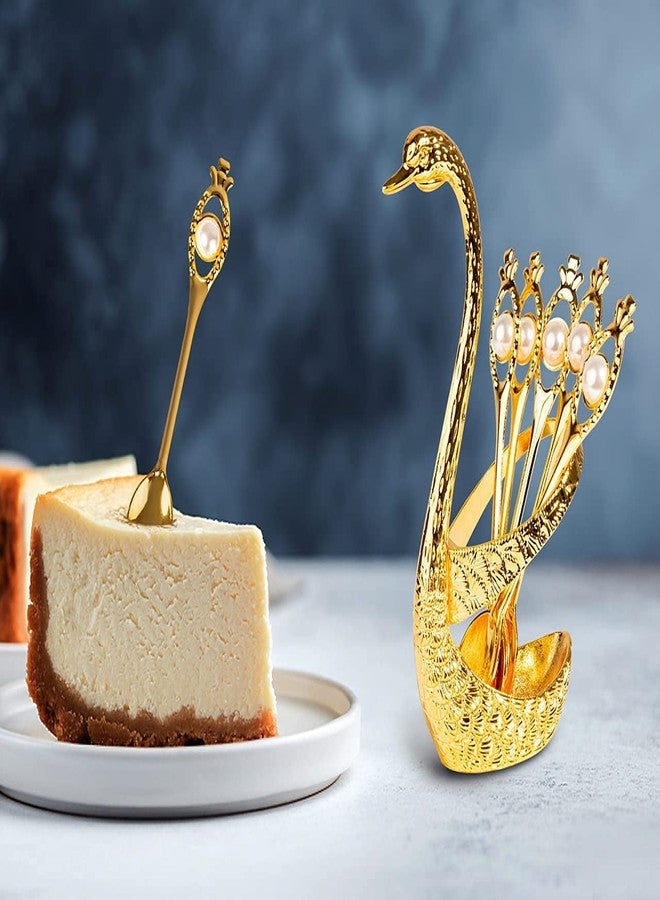 فلاين طقم ملاعق قهوة، حامل معدني على شكل بجعة، منظم ملاعق حلوى مع 6 ملاعق صغيرة، طقم أدوات مائدة للحلوى مناسب للقهوة والفواكه والآيس كريم والكيك (ذهبي) - Image 2