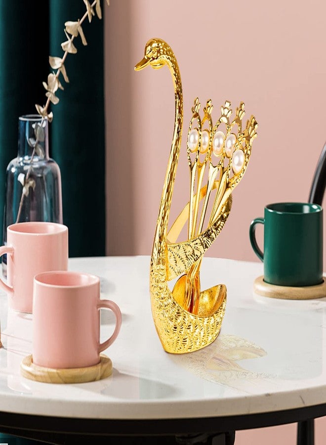 فلاين طقم ملاعق قهوة، حامل معدني على شكل بجعة، منظم ملاعق حلوى مع 6 ملاعق صغيرة، طقم أدوات مائدة للحلوى مناسب للقهوة والفواكه والآيس كريم والكيك (ذهبي) - Image 4