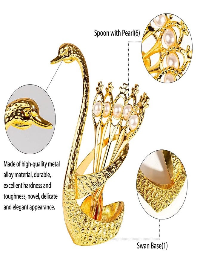 فلاين طقم ملاعق قهوة، حامل معدني على شكل بجعة، منظم ملاعق حلوى مع 6 ملاعق صغيرة، طقم أدوات مائدة للحلوى مناسب للقهوة والفواكه والآيس كريم والكيك (ذهبي) - Image 5