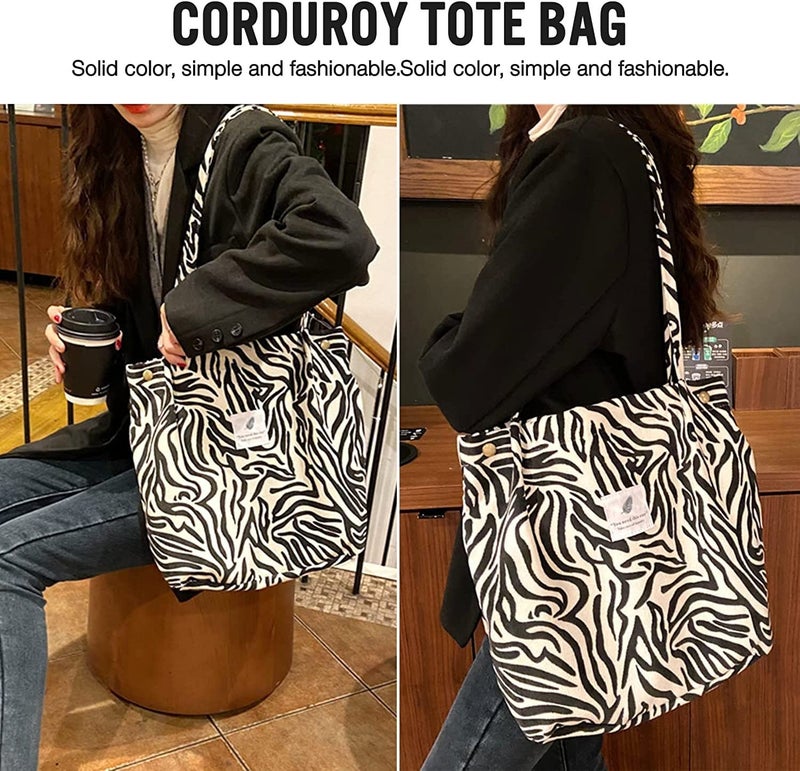 Kawn ® Women Corduroy Tote Bag Canvas Shoulder Purse Reusable Shopping Bag Grocery Bag Large Capacity Washable Handbag Girls Shoulder Bag with Inner Pocket For Daily Use Work Travel - Image 3