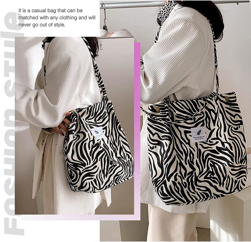 Kawn ® Women Corduroy Tote Bag Canvas Shoulder Purse Reusable Shopping Bag Grocery Bag Large Capacity Washable Handbag Girls Shoulder Bag with Inner Pocket For Daily Use Work Travel - Image 5
