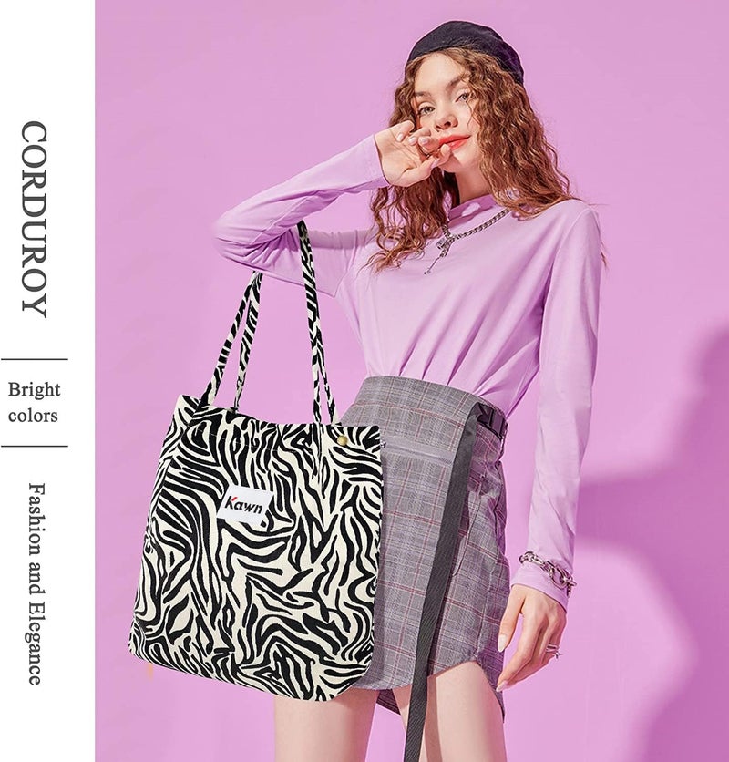 Kawn ® Women Corduroy Tote Bag Canvas Shoulder Purse Reusable Shopping Bag Grocery Bag Large Capacity Washable Handbag Girls Shoulder Bag with Inner Pocket For Daily Use Work Travel - Image 2