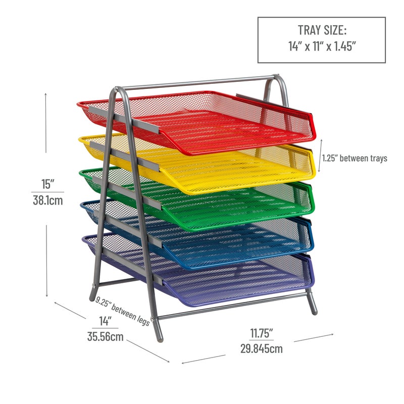 Mind Reader 5-Tier Paper Tray Organizer with Multicolor Trays, Classroom File Organizer for Teachers, Metal Mesh, Assorted Colors - Image 3