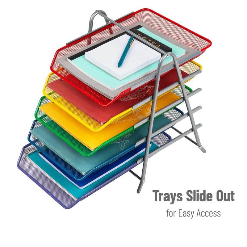 Mind Reader 5-Tier Paper Tray Organizer with Multicolor Trays, Classroom File Organizer for Teachers, Metal Mesh, Assorted Colors - Image 4