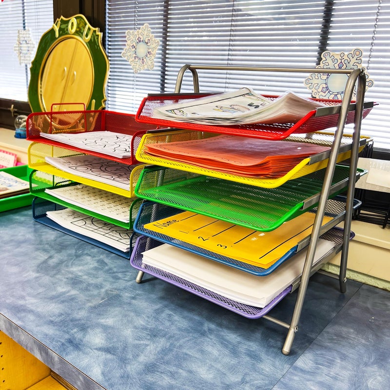Mind Reader 5-Tier Paper Tray Organizer with Multicolor Trays, Classroom File Organizer for Teachers, Metal Mesh, Assorted Colors - Image 2