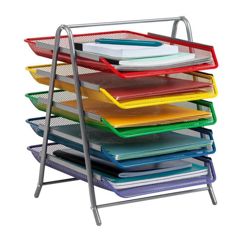 Mind Reader 5-Tier Paper Tray Organizer with Multicolor Trays, Classroom File Organizer for Teachers, Metal Mesh, Assorted Colors - Image 1