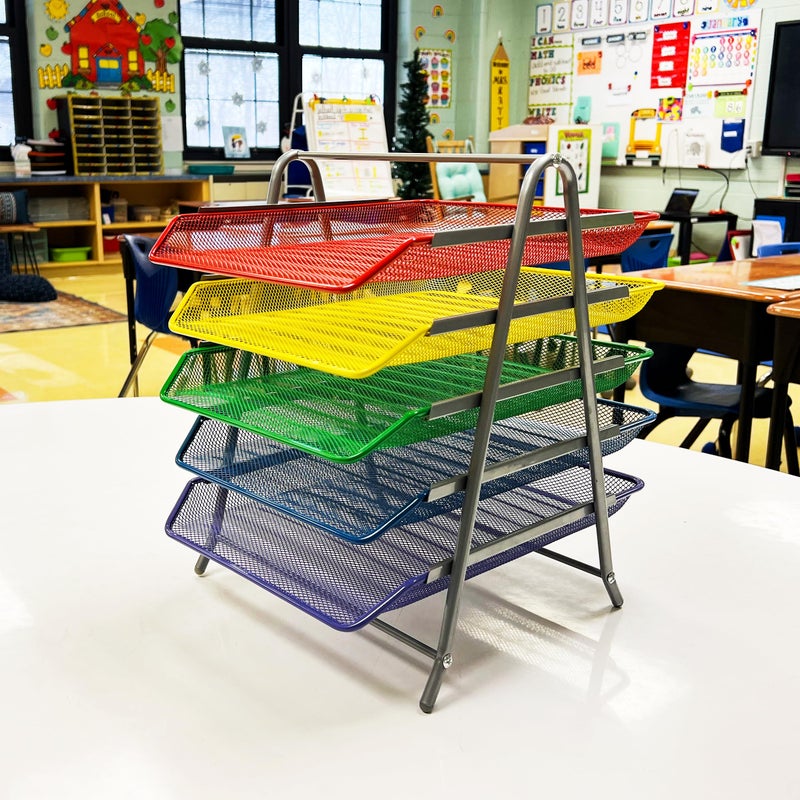 Mind Reader 5-Tier Paper Tray Organizer with Multicolor Trays, Classroom File Organizer for Teachers, Metal Mesh, Assorted Colors - Image 5