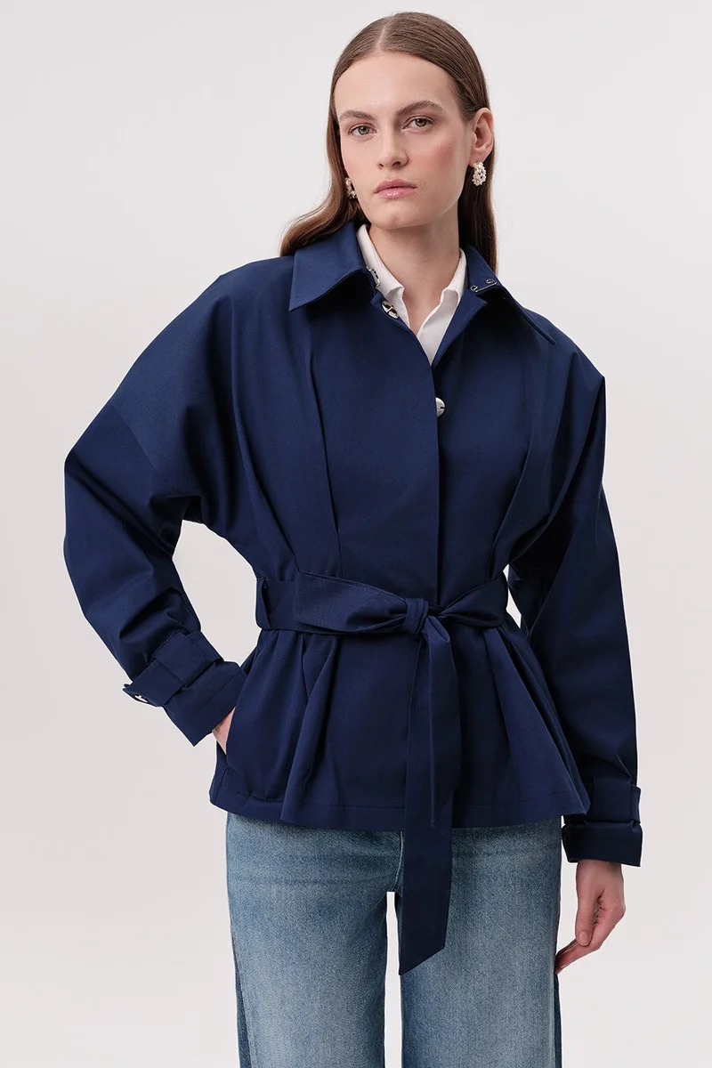 EXQUISE Pleated Collar, Belted, Pocketed Regular Navy Trench Coat