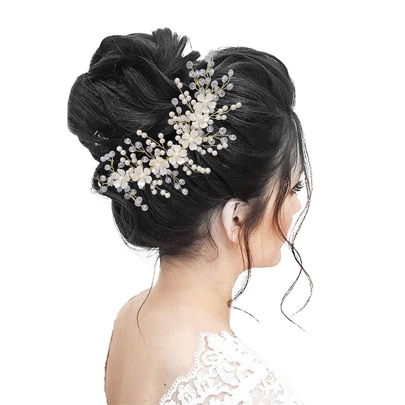 LYKAA Artificial Flowers & Pearl Style Juda Bun Party & Wedding Hair Accessories - Floral Bridal Brooch and Hair Pins - Veni, Tiara, Hair Pin, Juda Pin For Women's & Girls - Pack Of 1 (Golden) - Image 1