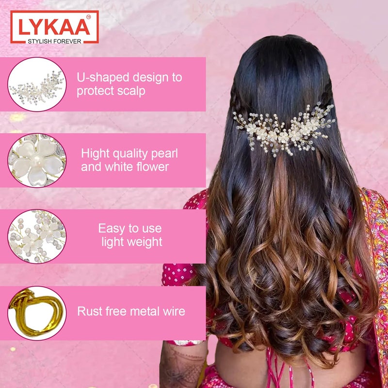 LYKAA Artificial Flowers & Pearl Style Juda Bun Party & Wedding Hair Accessories - Floral Bridal Brooch and Hair Pins - Veni, Tiara, Hair Pin, Juda Pin For Women's & Girls - Pack Of 1 (Golden) - Image 3