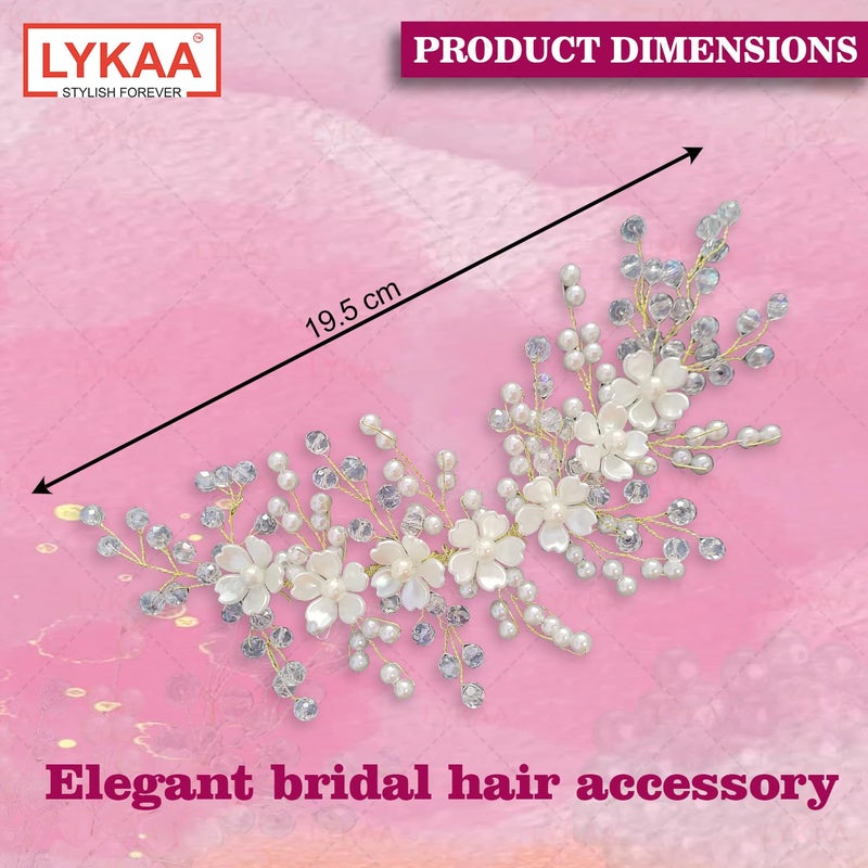 LYKAA Artificial Flowers & Pearl Style Juda Bun Party & Wedding Hair Accessories - Floral Bridal Brooch and Hair Pins - Veni, Tiara, Hair Pin, Juda Pin For Women's & Girls - Pack Of 1 (Golden) - Image 2