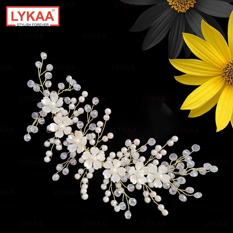 LYKAA Artificial Flowers & Pearl Style Juda Bun Party & Wedding Hair Accessories - Floral Bridal Brooch and Hair Pins - Veni, Tiara, Hair Pin, Juda Pin For Women's & Girls - Pack Of 1 (Golden) - Image 5