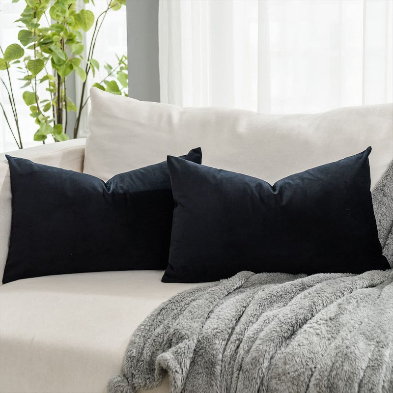 QUAFOO Black Soft Lumbar Velvet Throw Pillow Covers 16x24 inch Set of 2 for Sofa Couch Bed Living Room Decorative Luxury Solid Rectangle Cushion Covers Case with Zipper