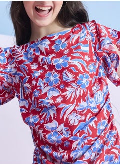 Stylo Bug Ruched Floral Print Knee Length Dress by Styli  - Image 5