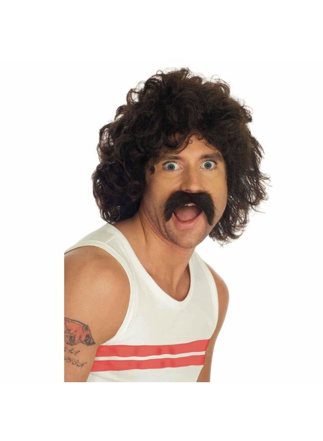 fun shack 70s Mens Wig, Short Curly Brown Hair, Disco Costume Accessory, 70s Mustache, Retro Party Look, One Size  - Image 1