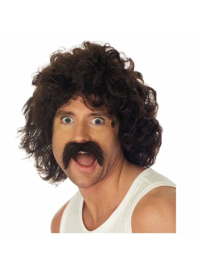 fun shack 70s Mens Wig, Short Curly Brown Hair, Disco Costume Accessory, 70s Mustache, Retro Party Look, One Size  - Image 2