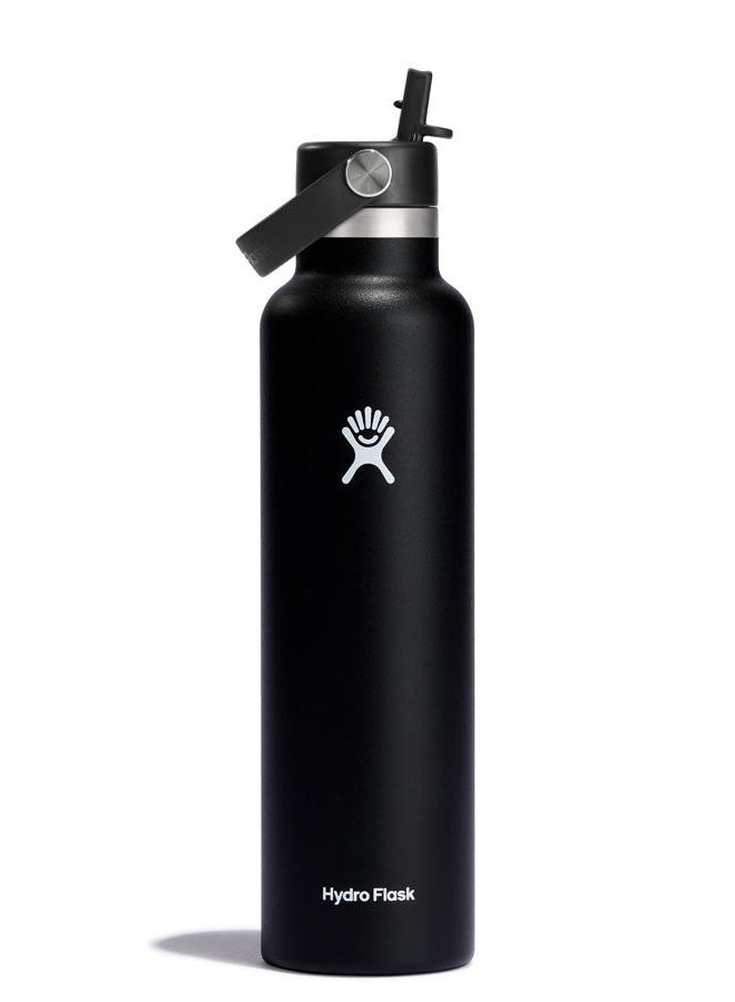 HYDRO FLASK - Water Bottle 709 ml (24 oz) with Flex Straw Cap - Vacuum Insulated Stainless Steel Reusable Water Bottle - Leakproof Lid - Hot and Cold Drinks - Standard Mouth - BPA-Free - Black - Image 1