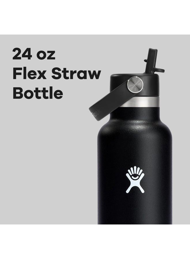 HYDRO FLASK - Water Bottle 709 ml (24 oz) with Flex Straw Cap - Vacuum Insulated Stainless Steel Reusable Water Bottle - Leakproof Lid - Hot and Cold Drinks - Standard Mouth - BPA-Free - Black - Image 3