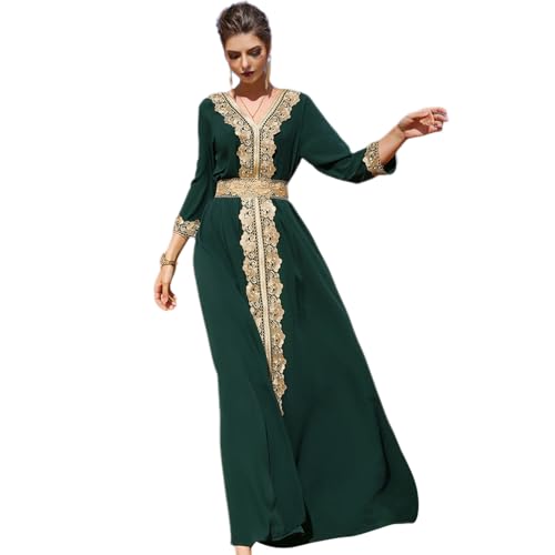 IDOPIP Embroidery Abayas for Women Muslim Moroccan Floral Maxi Kaftan Dresses Islamic Dubai Robe Arabic Dress Ramadan Eid Party Casual Evening Full Length Cover Gown Prayer Clothes Green S - Image 1