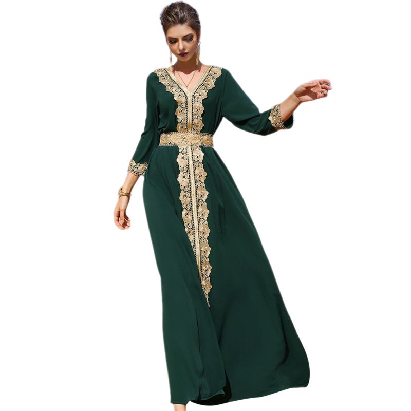 IDOPIP Embroidery Abayas for Women Muslim Moroccan Floral Maxi Kaftan Dresses Islamic Dubai Robe Arabic Dress Ramadan Eid Party Casual Evening Full Length Cover Gown Prayer Clothes Green S - Image 2