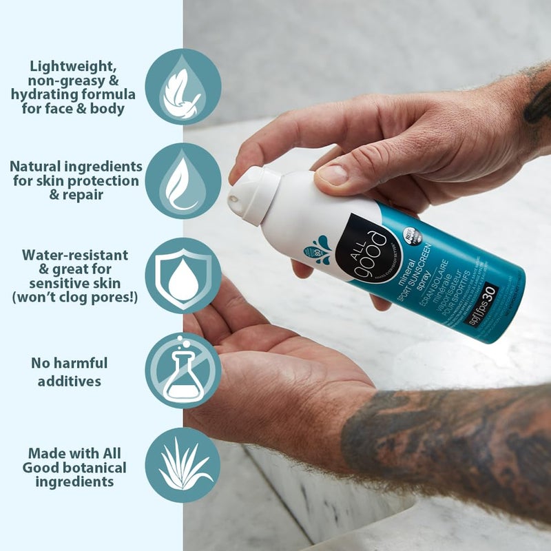 All Good Makes Everything Better سبراي واقي الشمس الرياضي من أول جود - طيف واسع UVA/UVB SPF 30 - مقاوم للماء وصديق للشعاب المرجانية - زنك، كاليندولا، ألوة (6 أونصة)(عبوة 2) - Image 3