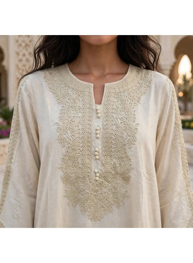 Ikkxa  Elegant Embroidered Jalabiya with Trumpet Sleeves for Women | Best Price UAE