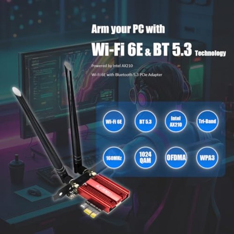 بطاقة AX5400 WiFi 6E PCIe مع حامل منخفض المستوى لأجهزة الكمبيوتر المكتبية، شريحة Intel AX210، 802.11ax، بلوتوث 5.3، تدعم Windows 11/10/Linux، ولا تدعم Mac OS/Windows 7/XP - Image 2