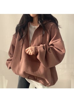 2022 Ladies Zip Hoodie Casual Korean Thin Thick Velvet Plus Size 600 brown thin