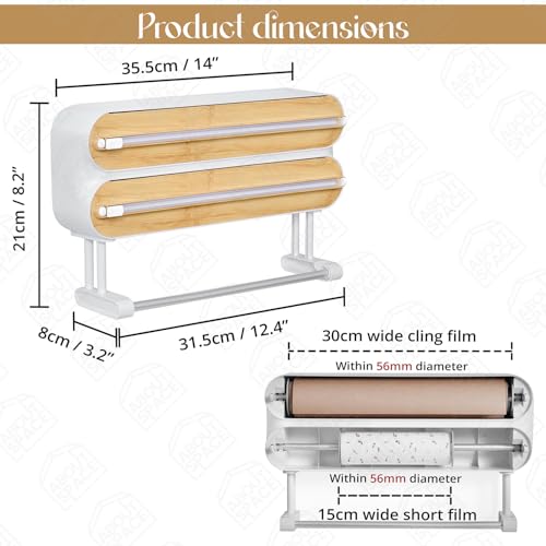 ABOUT SPACE Magnetic Wrap Dispenser with Cutter - 4 in 1 Wall Mounted Wrap Holder with Aluminum Foil Paper Cutter Storage Kitchen Tissue Roll Holder Cling Wrap Dispenser - Transparent(L35.5xB8xH21cm) - Image 2