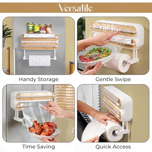 ABOUT SPACE Magnetic Wrap Dispenser with Cutter - 4 in 1 Wall Mounted Wrap Holder with Aluminum Foil Paper Cutter Storage Kitchen Tissue Roll Holder Cling Wrap Dispenser - Transparent(L35.5xB8xH21cm) - Image 4