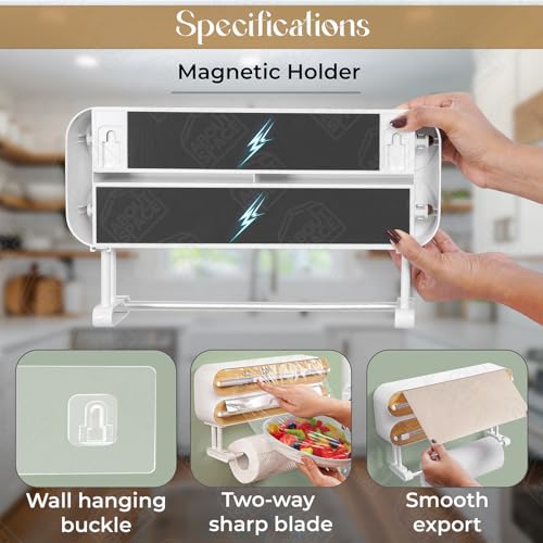 ABOUT SPACE Magnetic Wrap Dispenser with Cutter - 4 in 1 Wall Mounted Wrap Holder with Aluminum Foil Paper Cutter Storage Kitchen Tissue Roll Holder Cling Wrap Dispenser - Transparent(L35.5xB8xH21cm) - Image 3