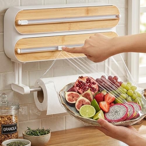 ABOUT SPACE Magnetic Wrap Dispenser with Cutter - 4 in 1 Wall Mounted Wrap Holder with Aluminum Foil Paper Cutter Storage Kitchen Tissue Roll Holder Cling Wrap Dispenser - Transparent(L35.5xB8xH21cm) - Image 1