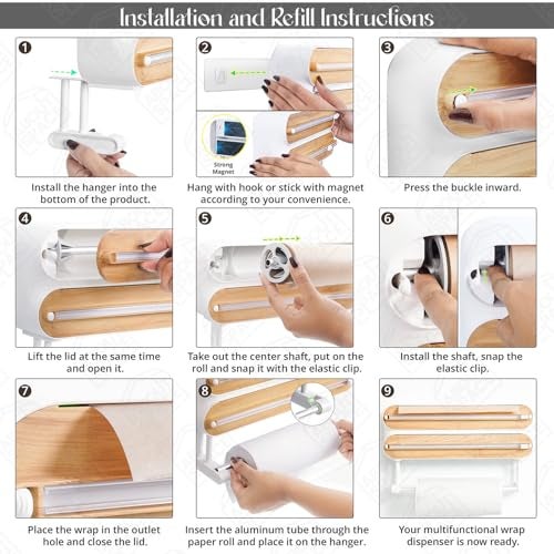 ABOUT SPACE Magnetic Wrap Dispenser with Cutter - 4 in 1 Wall Mounted Wrap Holder with Aluminum Foil Paper Cutter Storage Kitchen Tissue Roll Holder Cling Wrap Dispenser - Transparent(L35.5xB8xH21cm) - Image 5