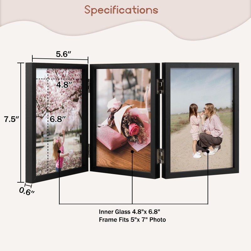 Space Art Deco 5x7 Triple Hinged Frames  3 Folding Picture Frame  Triptych Photo Frame  Stand Vertically on Desktop or Tabletop  Black - Image 2