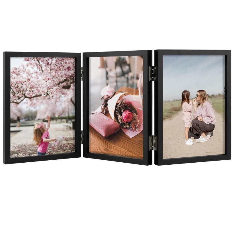 Space Art Deco 5x7 Triple Hinged Frames  3 Folding Picture Frame  Triptych Photo Frame  Stand Vertically on Desktop or Tabletop  Black - Image 1