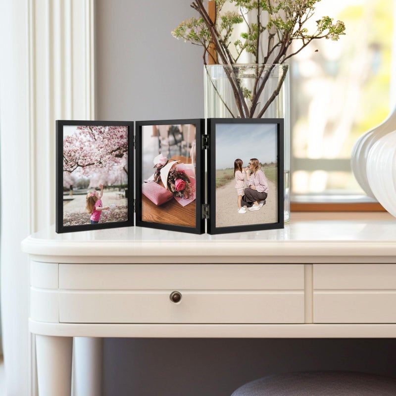 Space Art Deco 5x7 Triple Hinged Frames  3 Folding Picture Frame  Triptych Photo Frame  Stand Vertically on Desktop or Tabletop  Black - Image 3