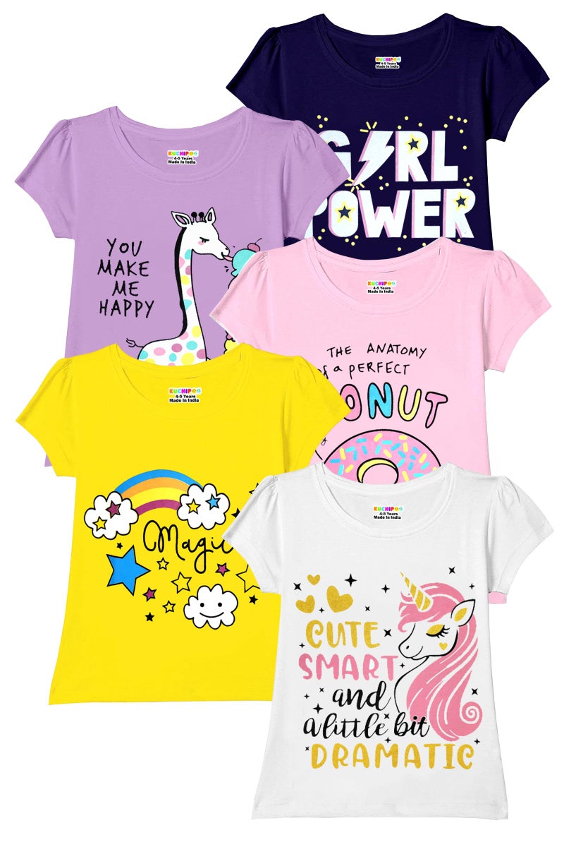 Kuchipoo Girls Regular Fit Half Sleeves Cotton T-Shirts (KUC-TSHRT-476, 6-7 Years, Multi-Colored) - Image 1