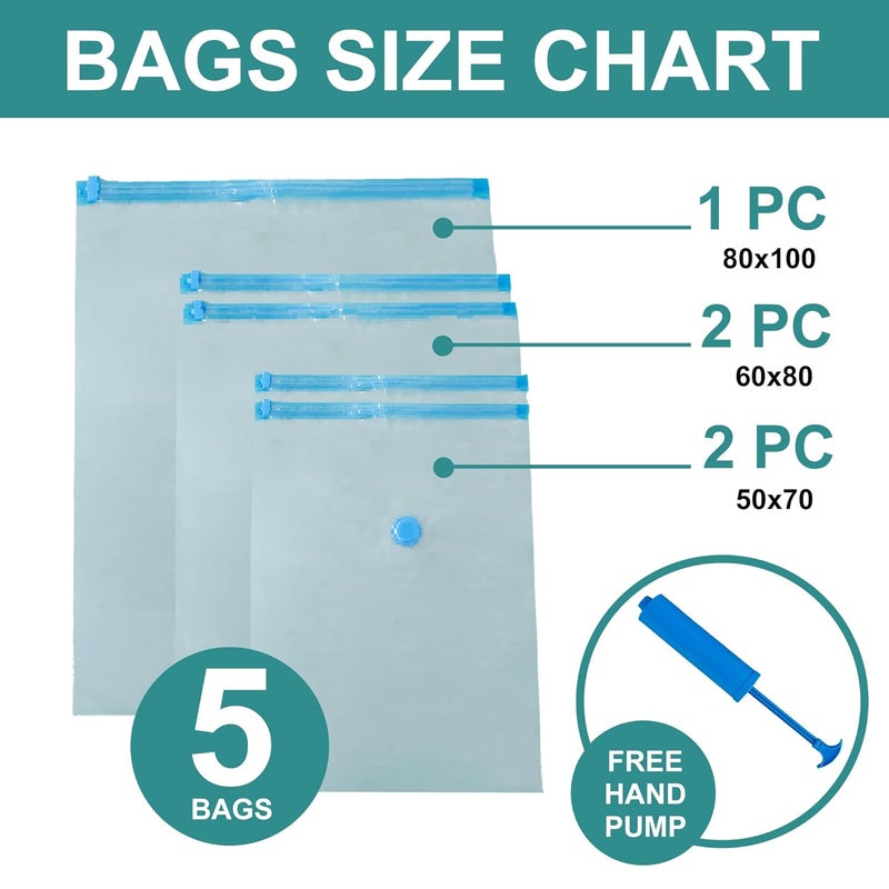 Kuber Industries Set of 5 Vacuum Bags for Storage with Pump Spacesaver Vaccine Bags for Clothes Pillows Sealed Compression Bags for Travel with Hand Air Pump YLN002 Blue Transparent - Image 2
