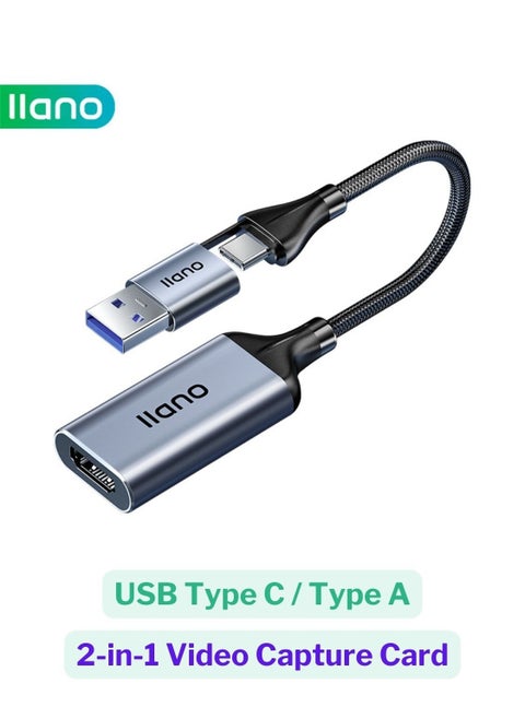 2 in 1 USB A/Type-C Video Capture Card Game Live Streaming Recording Device Video Collector 1080P 4K HDMI to USB Type-C Recorder Device for Live Streaming Conference Broadcasting Game Camera