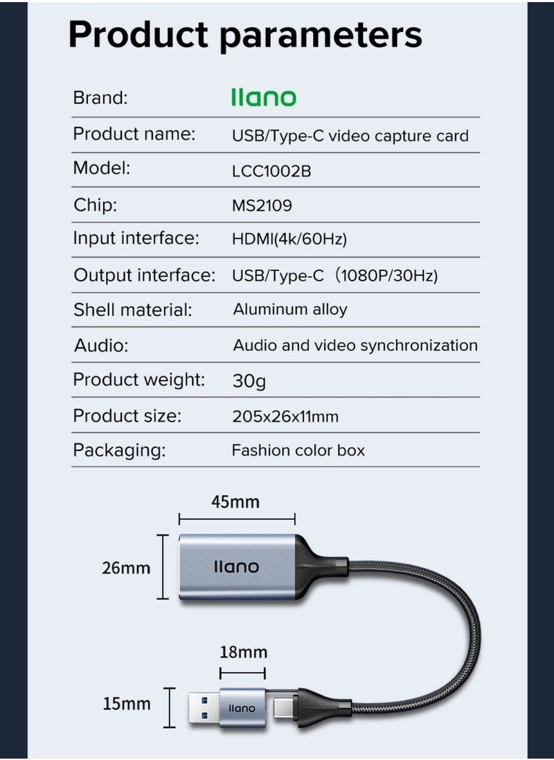 llano - 2 in 1 USB A/Type-C Video Capture Card Game Live Streaming Recording Device Video Collector 1080P 4K HDMI to USB Type-C Recorder Device for Live Streaming Conference Broadcasting Game Camera - Image 1
