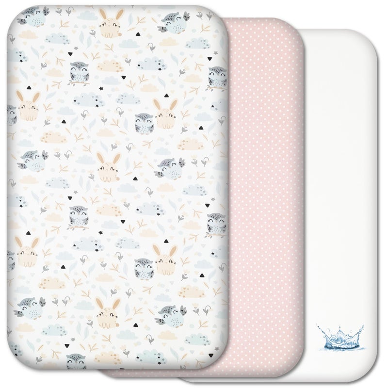 Selemavi Next to Me Crib Sheets - 3pc Crib Sheets Set - 2 Fitted Cotton Sheets and 1 Waterproof Mattress Protector for Bedside Cribs - 100% Organic Cotton - Made in Europe (Cute Animals&Dots, 83x50cm) - Image 1