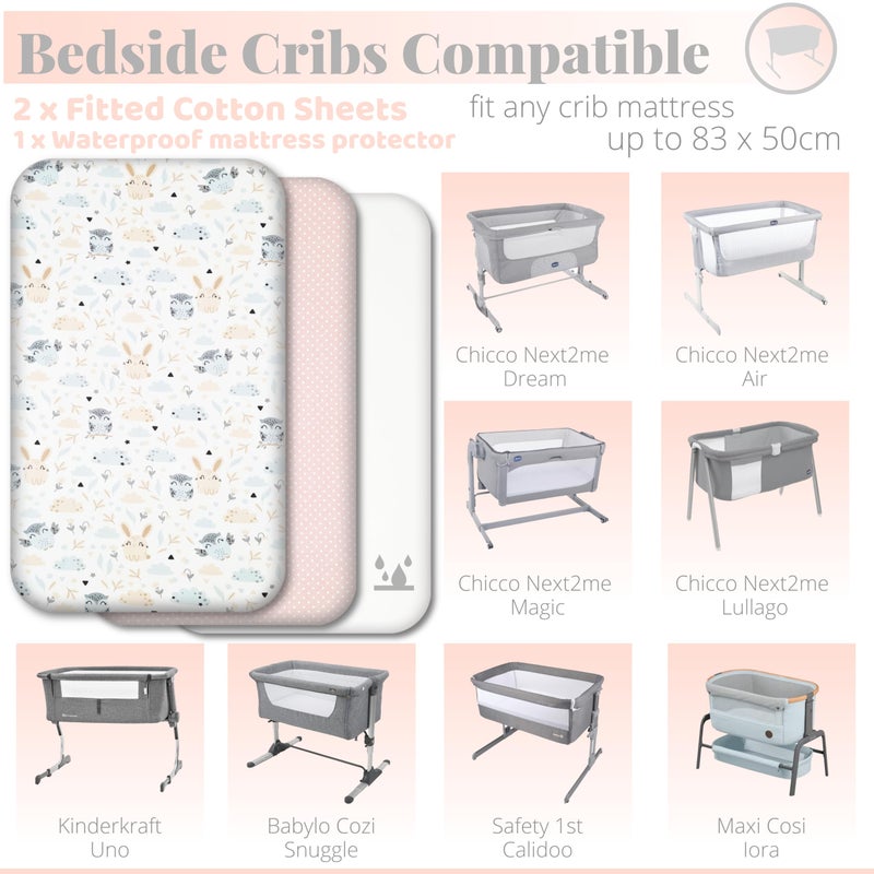 Selemavi Next to Me Crib Sheets - 3pc Crib Sheets Set - 2 Fitted Cotton Sheets and 1 Waterproof Mattress Protector for Bedside Cribs - 100% Organic Cotton - Made in Europe (Cute Animals&Dots, 83x50cm) - Image 2