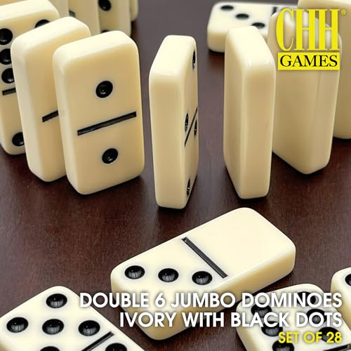 CHH Black/Cream Color Double 6 Jumbo Size Domino Tiles – Premium Set of 28 Ivory Dominoes – Classic Family Game in Cardboard Box - Image 2